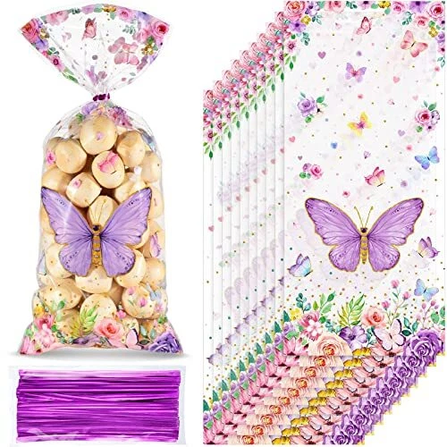 100 Pcs Butterflies Cellophane Treat Bags Plastic Butterfly Party Favors
