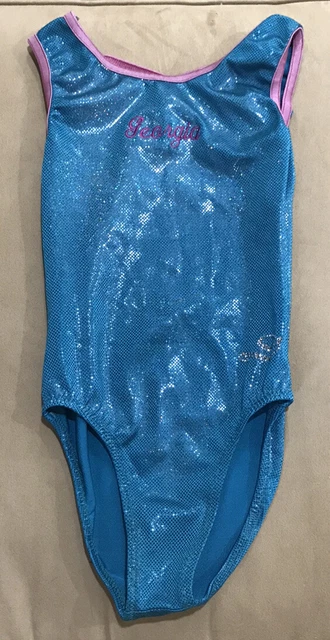 DreamLight Child 8-10 Gymnastics Leotard Blue Foil Georgia Pink trim
