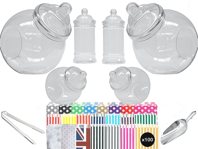 Truly Sweet Candy Lot de 14 bocaux à bonbons en plastique, 7 styles, 2 pinces et 50 sachets Idéal pour fête, mariage, table de bonbons, buffet de bonbons (sachets à rayures oranges Truly Sweet Candy Lot de 14 bocaux à bonbons en plastique, 7 styles, 2 pinces et 50 sachets Idéal pour fête, mariage, table de bonbons, buffet de bonbons (sachets à rayures oranges