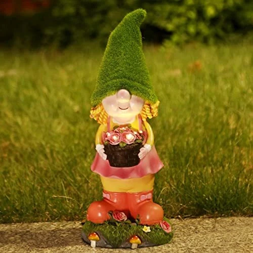 Flocked Lady Garden Gnomes Solar Gnome Decoration Garden Statue For Yard Patio L