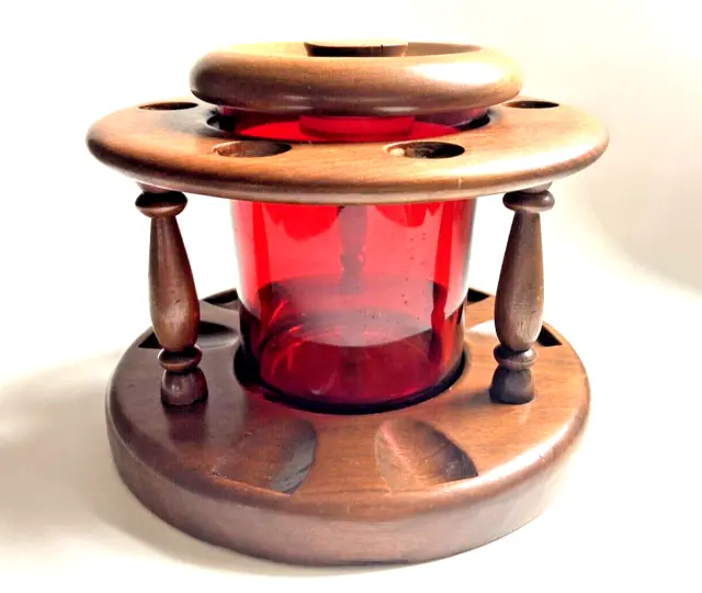 Vintage 6 Pipe Stand Rack Cherry Round w/ Red Tobacco Jar  & AZTEC Humidor Lid