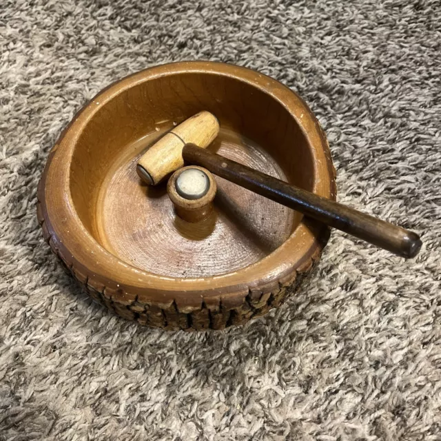Vintage Nut Cracker Hammer & Wood Bark Bowl Set - Mid-Century - 7 inch diameter