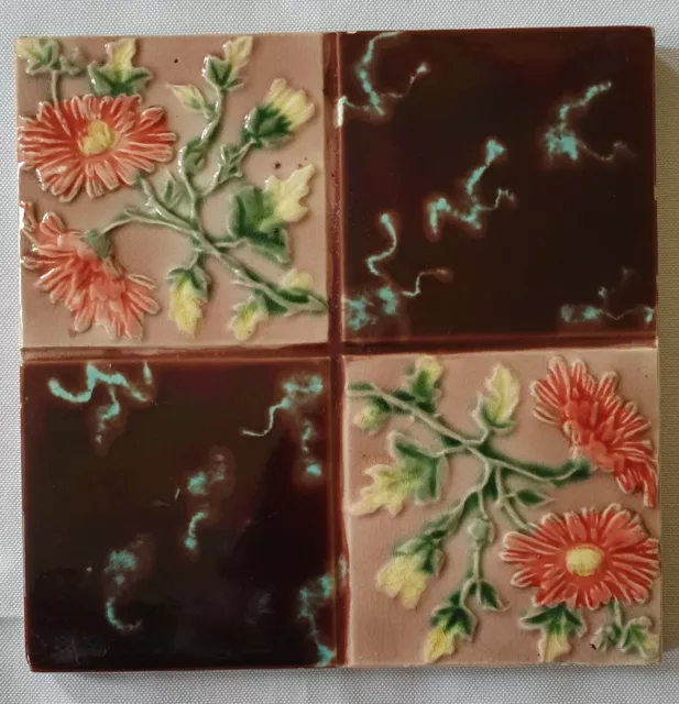 English Victorian Majolica floral Tile. Lea & Boulton.