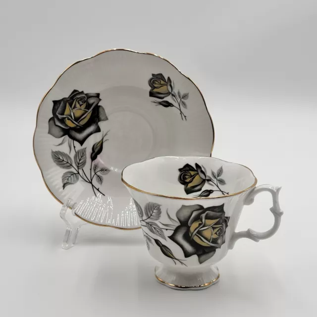 Royal Albert Vintage Black & Yellow Rose Masquerade Bone China Tea Cup & Saucer