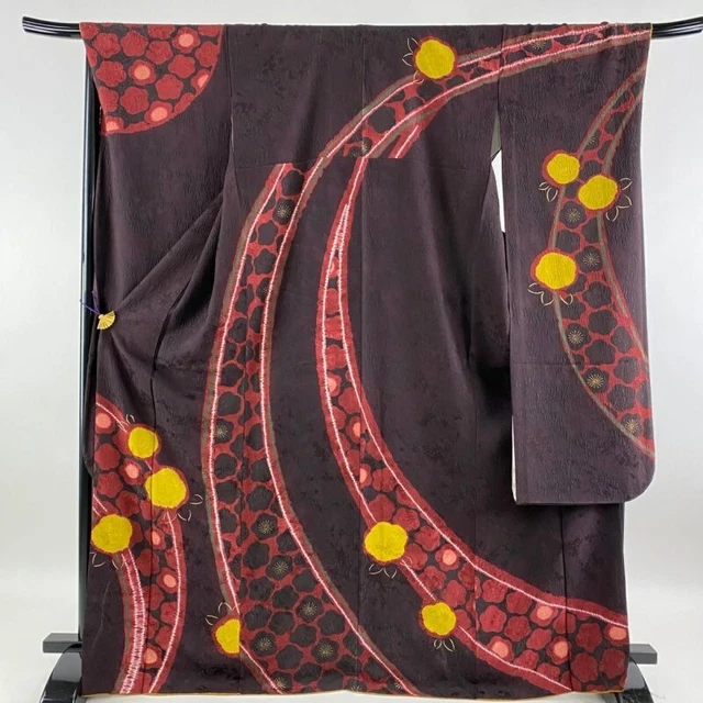 Woman Japanese Kimono Furisode Silk Plum Geometric Gold Shibori GrayPurple 172cm