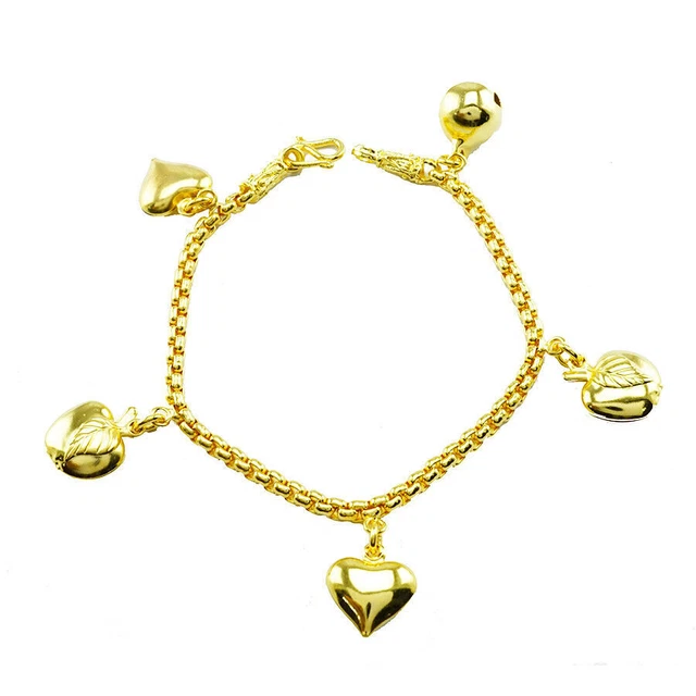 2 Bracelet Plaqué Or Pomme Et Cloche Cœurs 6,5 Pouces Or Jaune 24K Bonne Expo