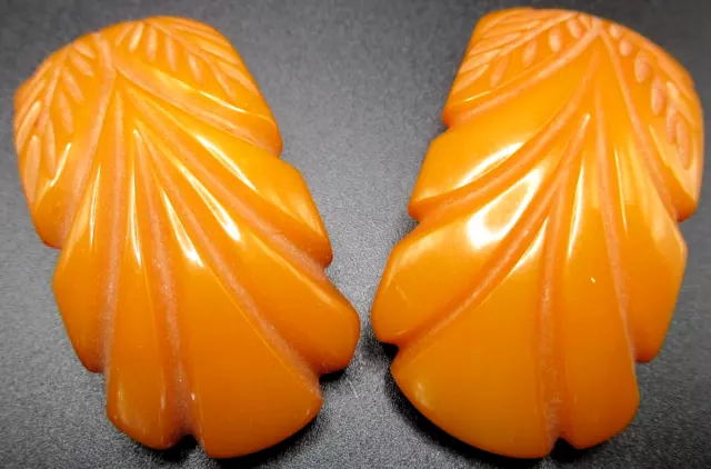 Carved Butterscotch BAKELITE Vintage Dress Clip Set 2