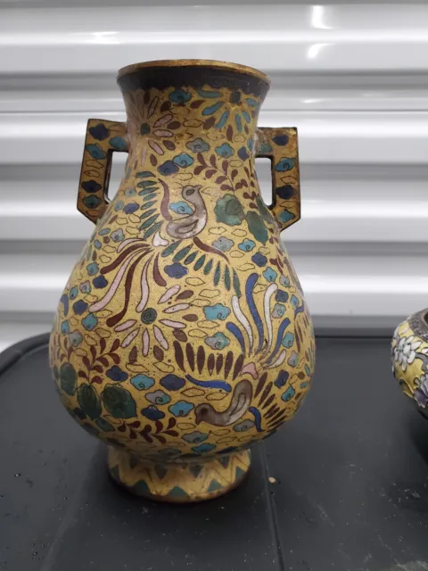 Signed Ming Mark Japanese Cloisonne Handled Urn Vase Phoenix Bird Floral Archaic
