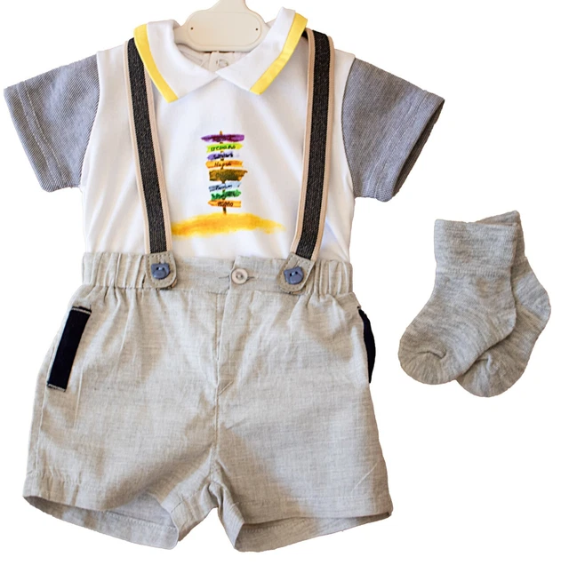 Completo Neonato Bambino T.shirt+ Pantaloncino Short Bretelle Tg. 0/36 Mesi