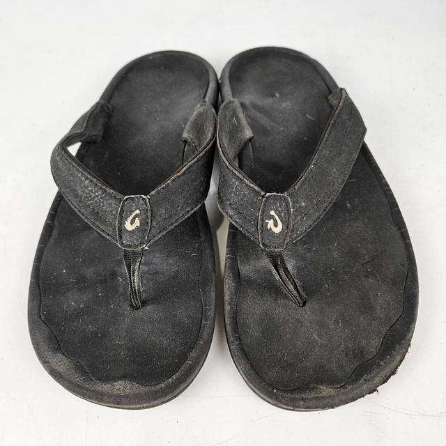 Olukai Ohana Women's Black Leather Thong Slip On Flat Flip Flop Sandals Size 8