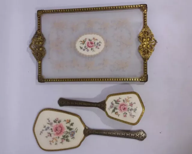 Rare  Regent of London 3-Piece Vanity Set - Mirror, Brush, and Tray with lace