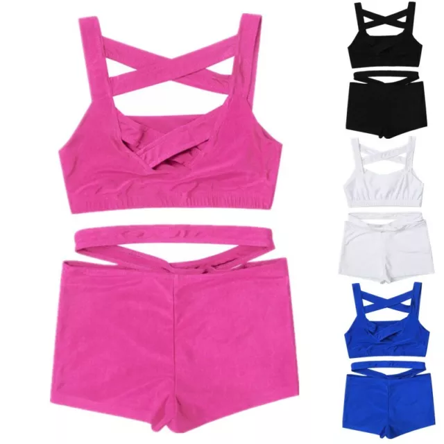 Kids Girls Sportswear Strappy Cross Front Crop Tops with Booty Shorts Dance Sets