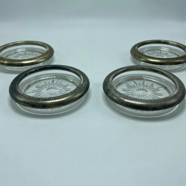 Cut Glass Coasters Set Of 4 Vintage With Silver-Plated Edge 4" Diameter 3