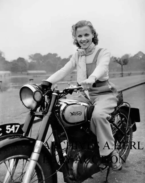 Norton motorcycle – Bond Girl actress Honor Blackman WW2 dispatch rider photo