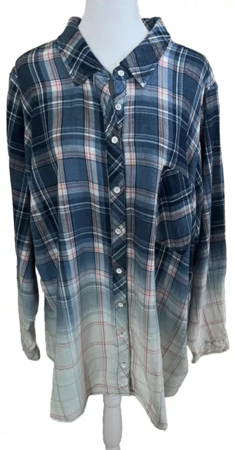 NWOT Torrid MINDY Bleached Dip Plaid Flannel Shirt Button-Up Blue White Pink 4x