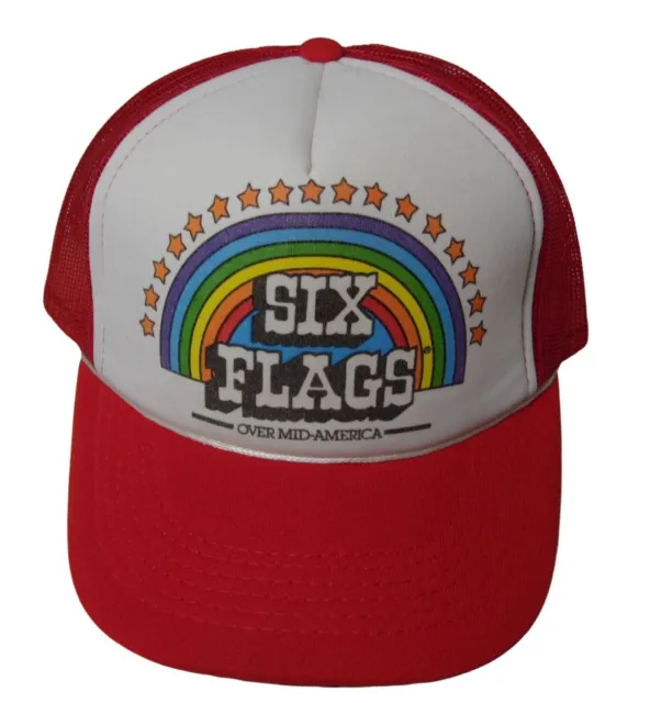 Vintage Six Flags Red "OVER MID-AMERICA" Rainbow 80's Mesh Trucker Snapback USA