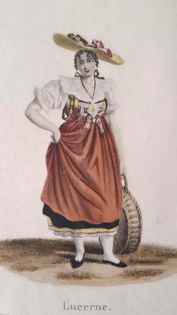 Rare XIXème gravure & auquarelle Suisse Lucerne femme costume folklorique