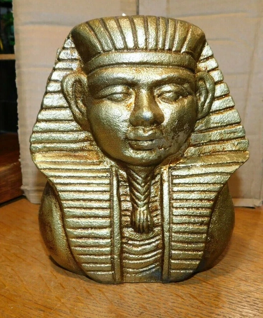 KING TUT CAST IRON EGYPTIAN COIN BANK Pharaoh Sarcophagus Rusty Gold