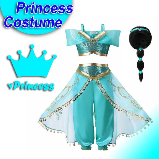 Kids Aladdin Costume Princess Jasmine Outfit Girls Sequin Party Fancy Dress Wig