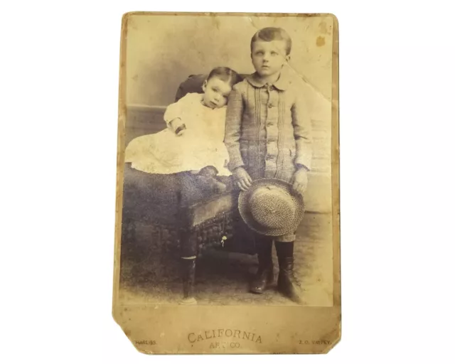 CDV Antique Estate Photo Boy & Toddler Girl Straw Hat Carte De Visite Cabinet