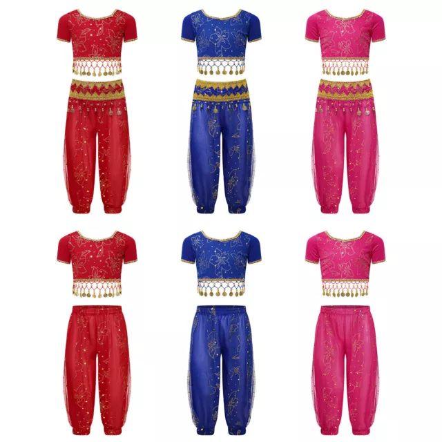 Kids Girls Crop Top With Pants And Waist Chain Dancewear Festival Belly Party