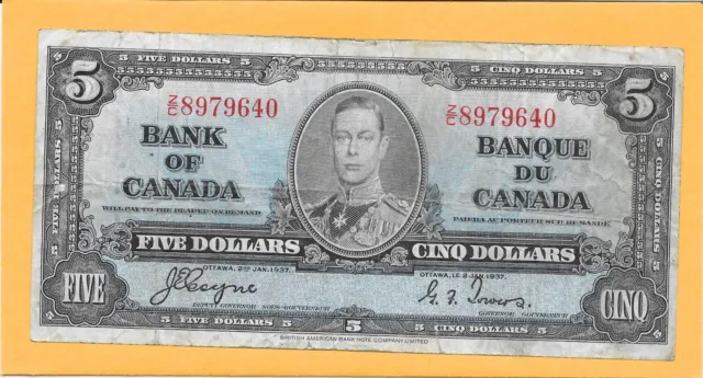 1937 Bank Of Canada 5 Dollar Bill Z/C8979640 (Circulated)