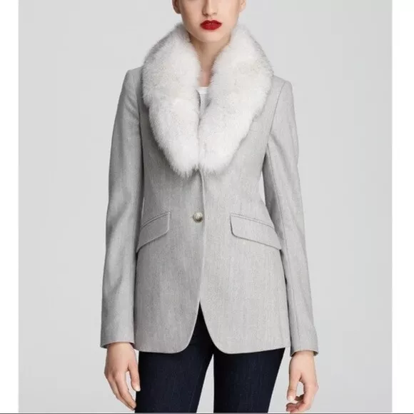 NWOT THEORY gray wool blazer jacket with removable Real blue fox fur trim US 0 NWOT THEORY gray wool blazer jacket with removable Real blue fox fur trim US 0