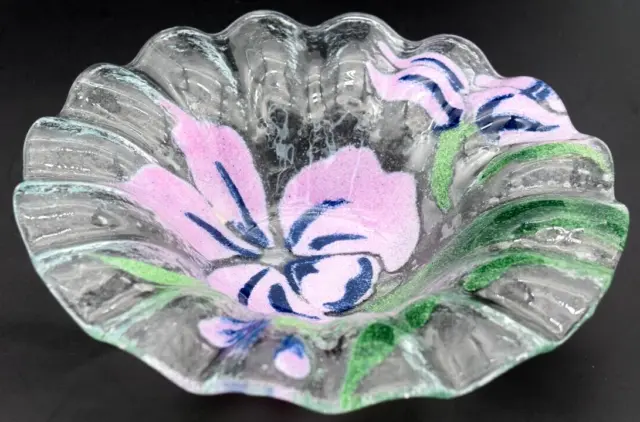 Vintage Sydenstricker Fused Glass Bowl w/ Ruffled edges & Floral Purple Flower