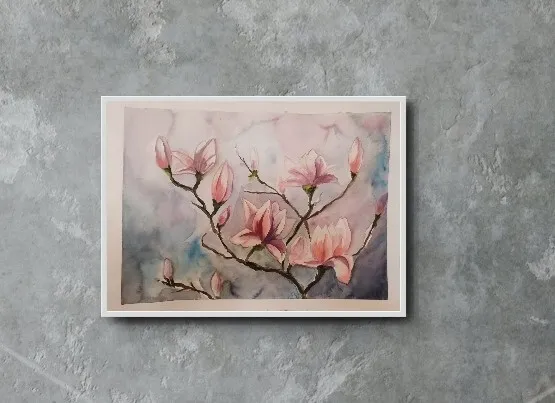 Aquarelle Painting Malerei ohne Frame handmade Baum Blüme Magnolien