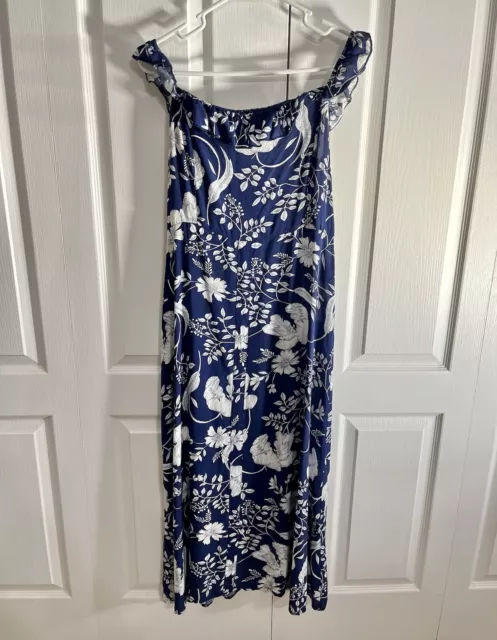 Women Maxi Sundress Sz XL Blue White Floral Off Shoulder Ruffle Cottage Core