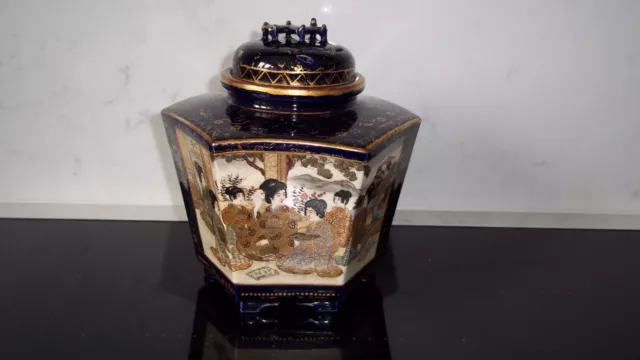 Antique Satsuma Pottery Pot Pourri Jar Japanese Script Mark Geisha Scenes + Lid