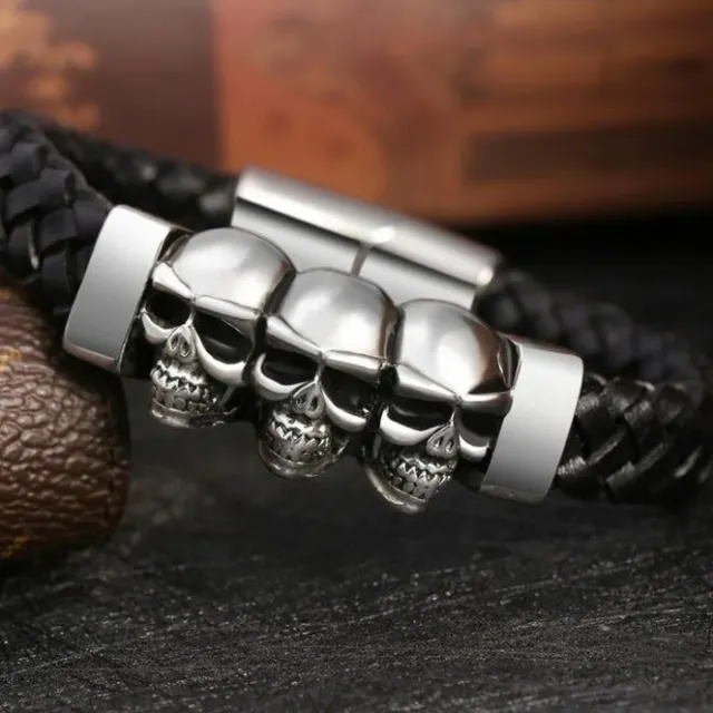 Bracelet Tête De Mort Mixte Cuir Noir Punk Biker Moto Rock Gothique Métal V2 3