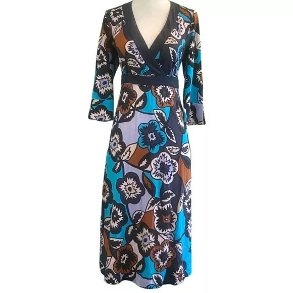 Diane Von Furstenberg Enolita 3/4 Sleeve Surplice Floral Silk Knit Dress Size S