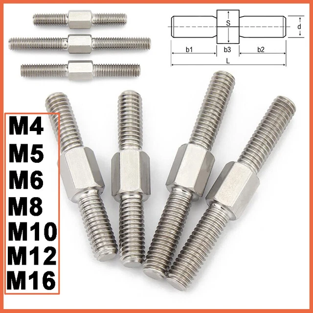M4 M16 Double End Threaded Stud Bar Rod Bolts 304(A2) Stainless Steel