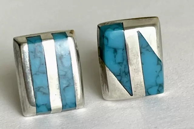 NIce! Vintage Signed Taxco Mexican 925 Sterling Silver Turquoise Cufflinks
