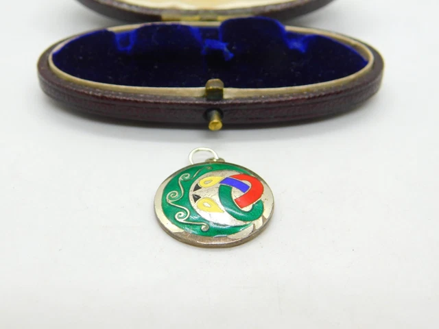 Sterling Silver and Enamel Aztec Dragon Pendant Charm Vintage c1970