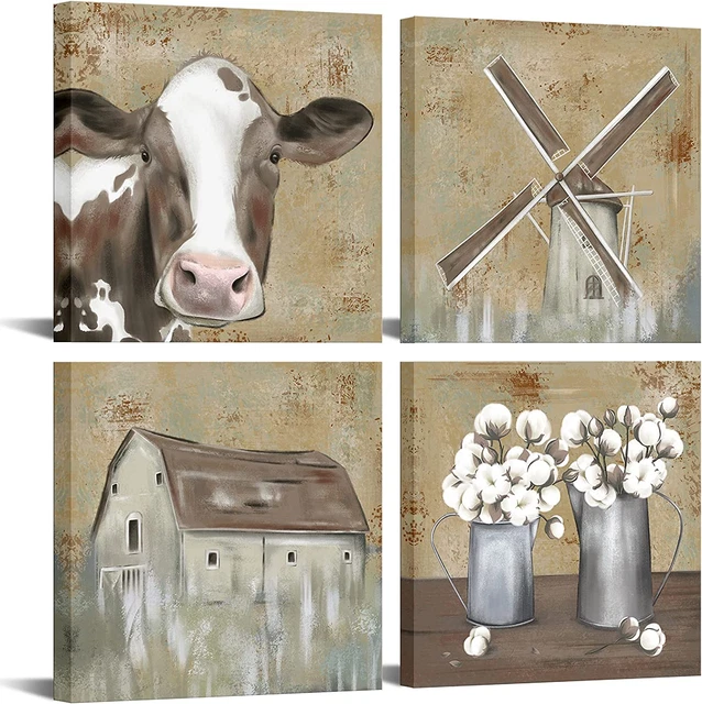 4 Piece Farm Canvas Wall Art Cottage Cow Windmills Cotton Flower Painting Poster