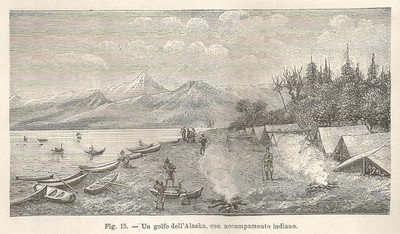 Xilografia 1895 A2057 Un golfo dell'Alaska e accampamento indiano Engraving 