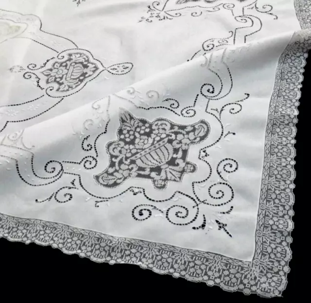 Antique Italian Filet Lace Embroidery Linen Tablecloth 74x54" Flower Jardinieres