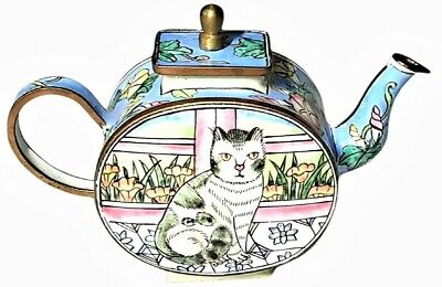 Enamel Miniature Brass Hand Painted Teapot Cat Judging in Window Seat w/Lid Vtg