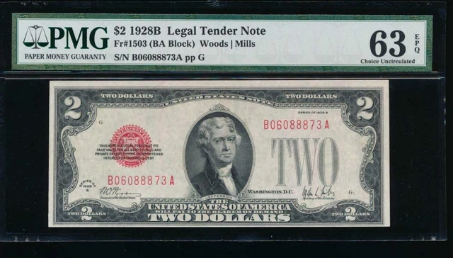 AC 1928B $2 Legal Tender PMG 63 EPQ  Fr 1503 key and uncirculated !