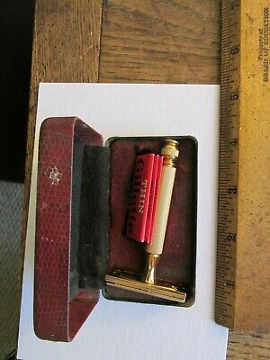Antique Vintage Gold Gillette Safety Razor w/ Case and Blades
