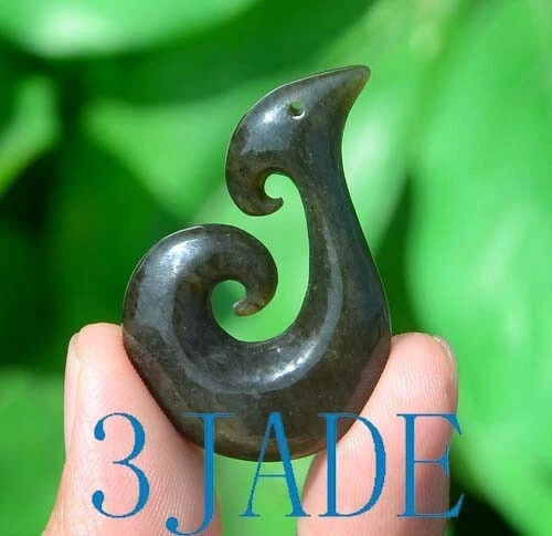 Natural Nephrite Jade Koru / Fish Hook Pendant Necklace New Zealand Maori Design
