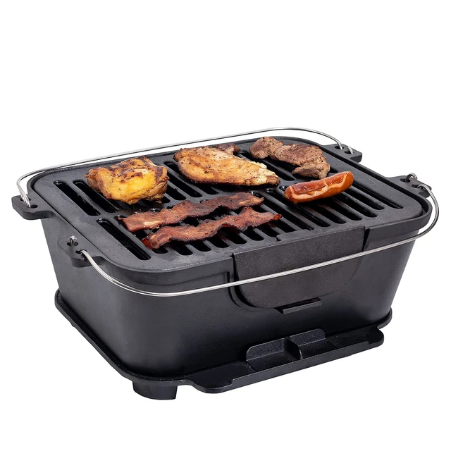 Heavy Duty Pre-Seasoned Cast Iron Portable Grill, 14"X12" Grilling Surface, Outd