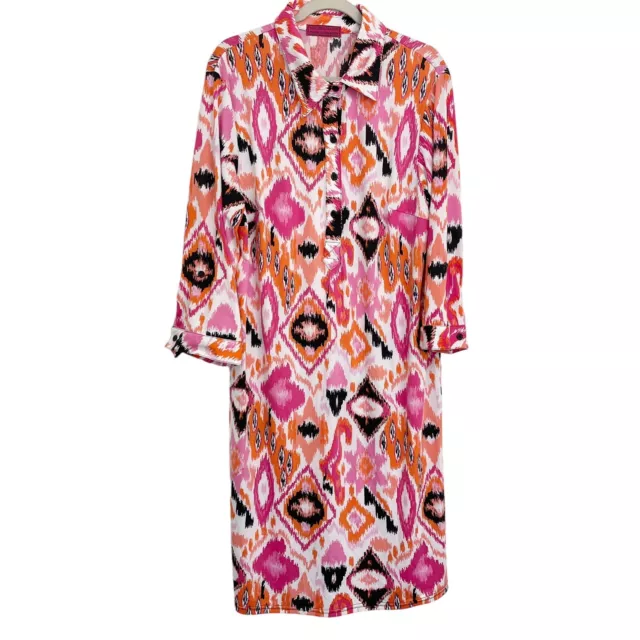 Melissa Masse 2X Silk Blend Shirt Dress Ikat Print Half Button 3/4 Sleeve Jersey