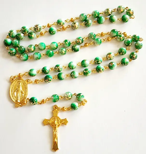 Rosario Católico Cuentas Verdes Tono Oro Medalla Milagrosa San Benito Crucifijo