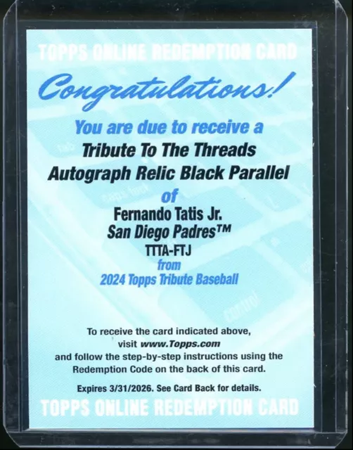 2024 Topps Tribute Fernando Tatis Jr Tribute To the Threads Black Auto Relic 1/1