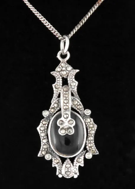 1930s - ART DECO BLACK ONYX MARCASITES STERLING SILVER PENDANT NECKLACE - By PMN