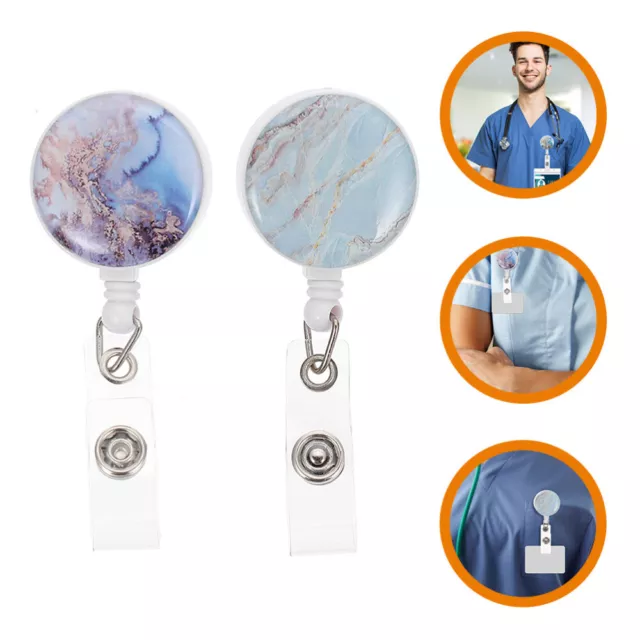 2 Pcs Name Tag Clips Badge Buckle Marble Holders Retractable Nurse Staff