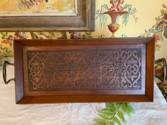 Antique English Victorian Decorative Carved Oak Wood Tray with  Handles